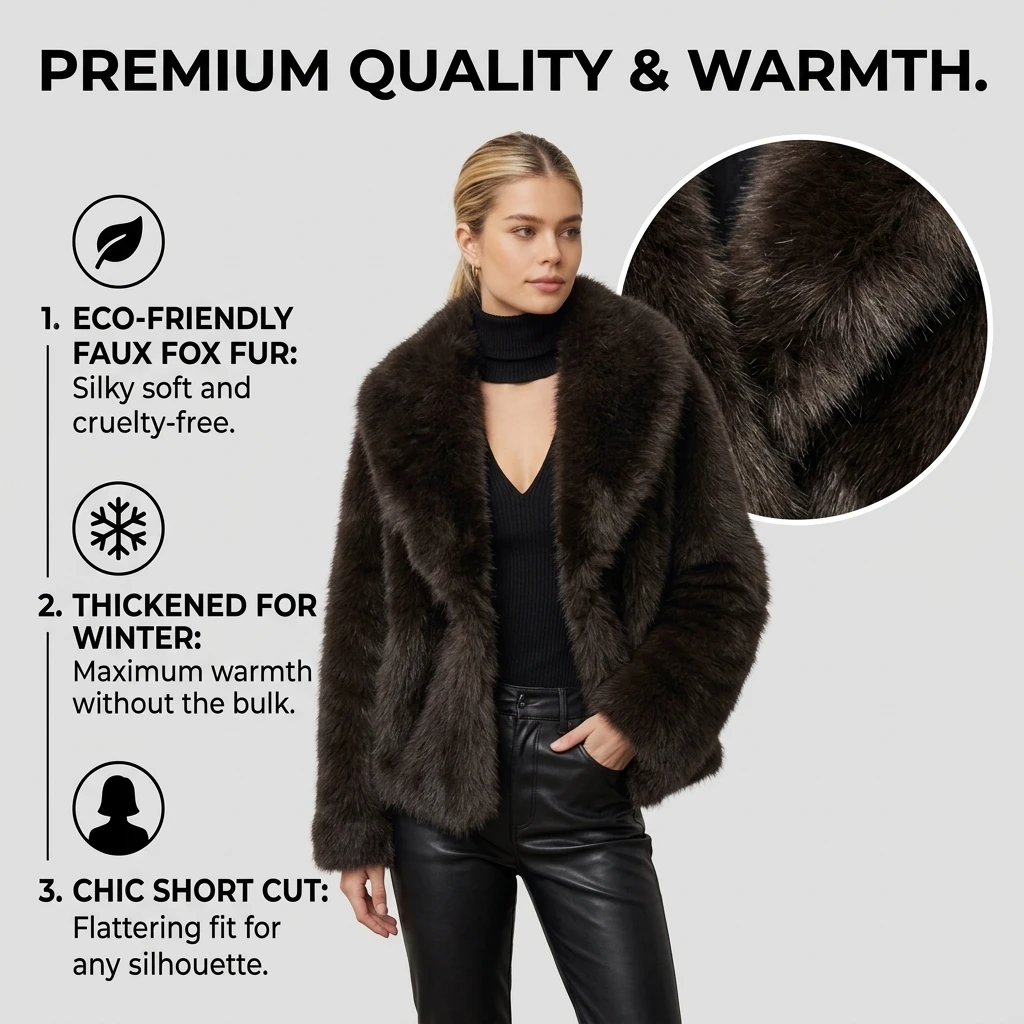 Faux Fur Coat Women Short Faux Fox Fur Jacket Thickened Warm Winter Overcoat with Elegant Lapel Collar