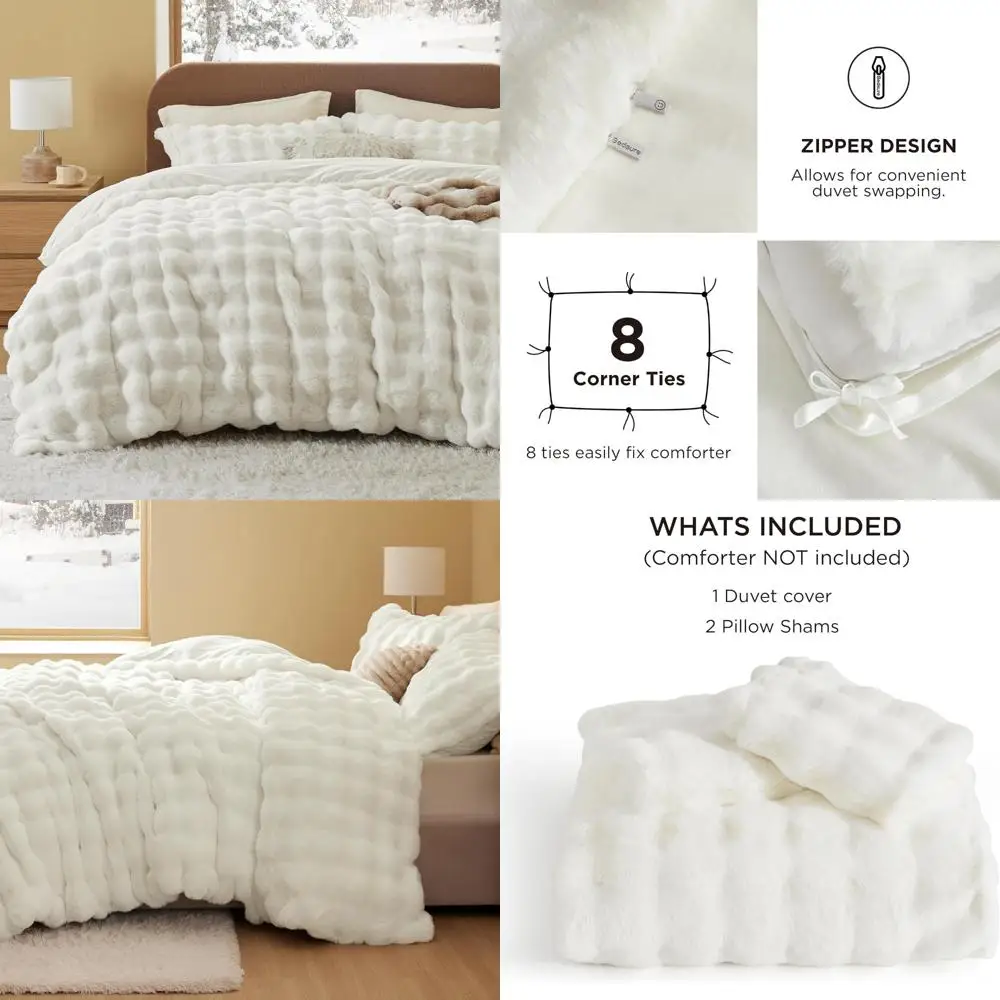 

Luxurious Faux Fur Duvet Cover Set Queen - Soft, Fluffy, Cozy & Warm Shaggy Bubble Design Bedding for Elegant Sleep