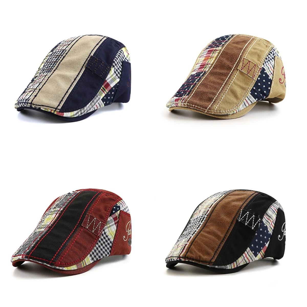 

Woman Patchwork Plaid Forward Hat British Casual Fashionable Beret Vintage Neutral Denim Duckbill Hat Adjustable Newsboy Hat