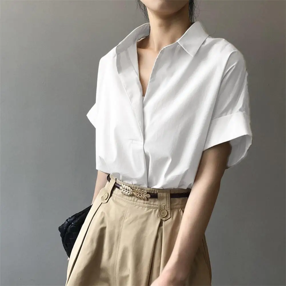 Summer Casual Solid Short Sleeved Loose Women White Shirt 2024 Office Tops Femme Elegant Blouses Chiffon Fit Thin Office Work