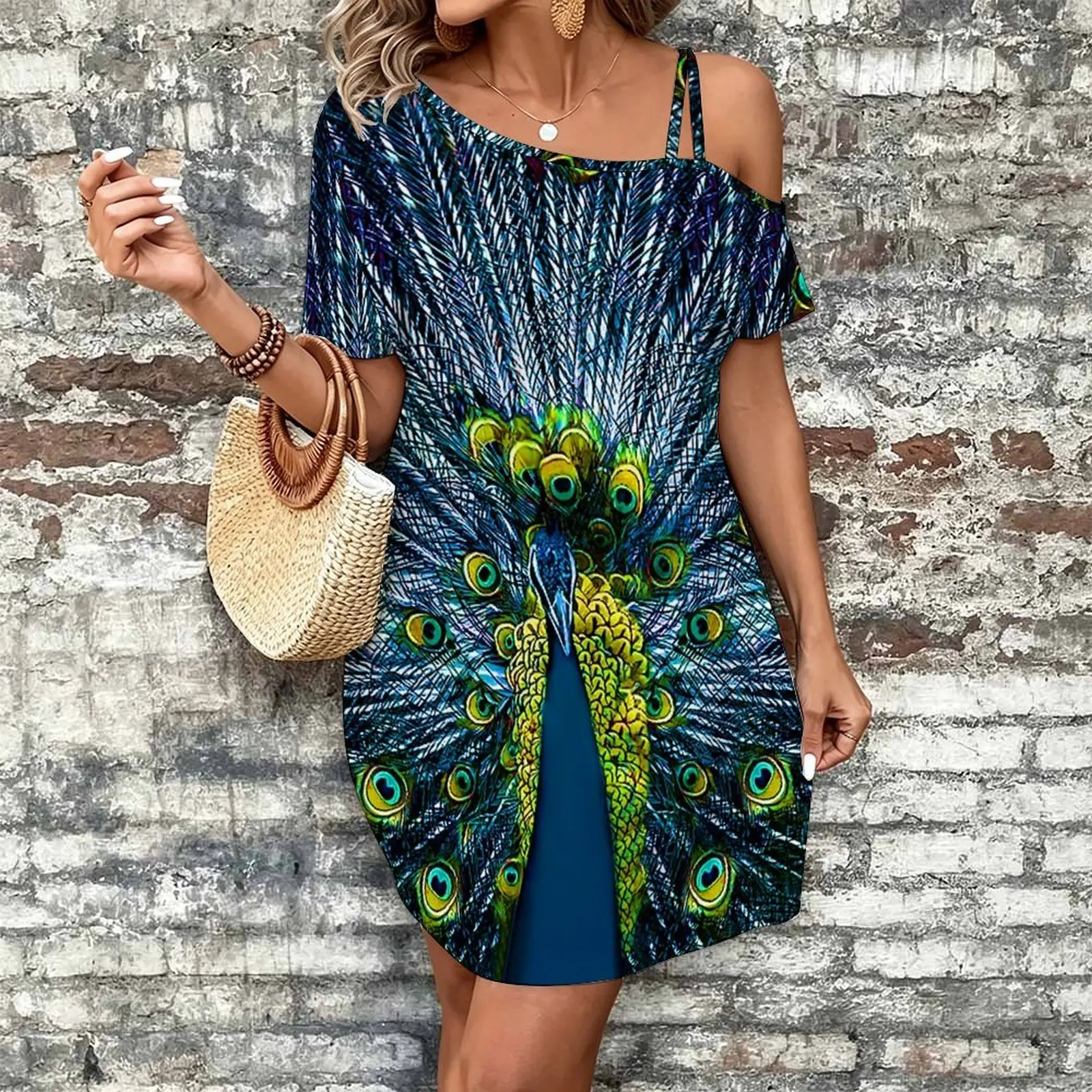 Women Print Cold Shoulder Short Sleeve Mini Dress Irregular Off Shoulder Casual Loose Tunic Dress