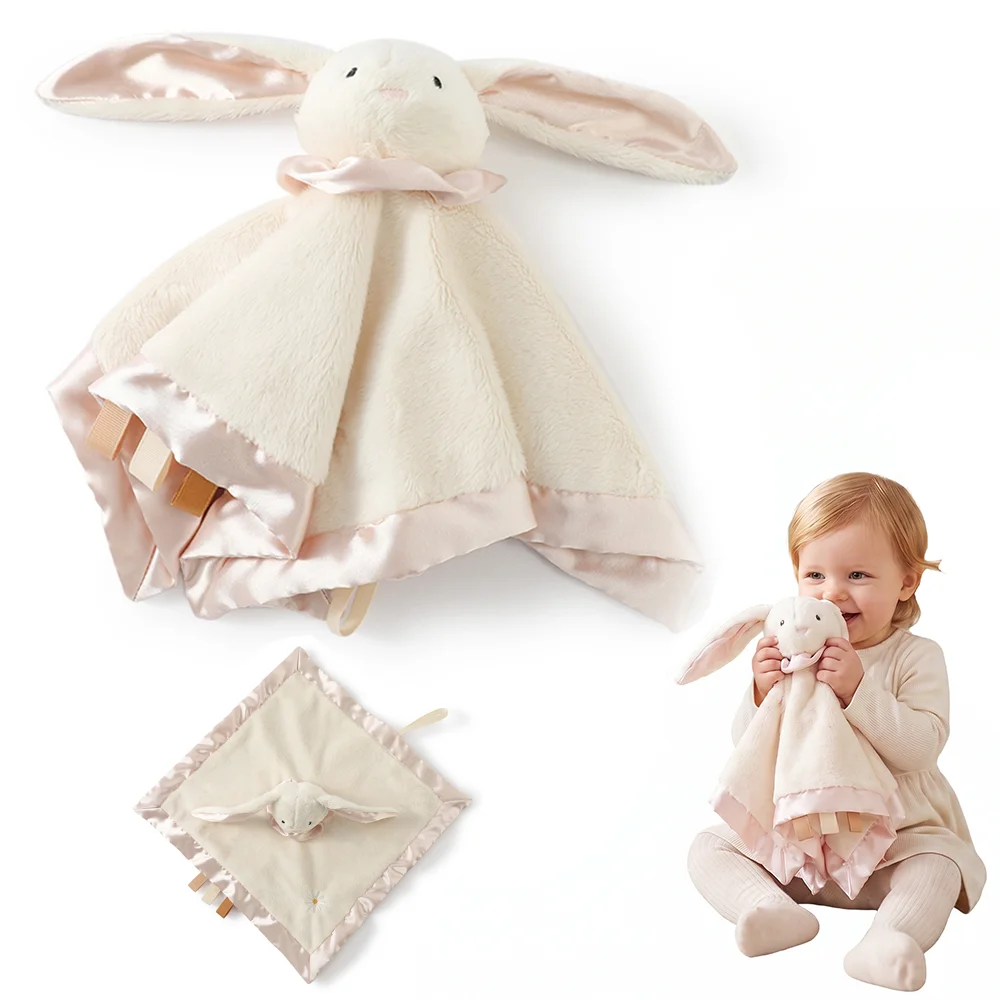 Satin Bunny Security Blanket Soft Plush Double Sided Texture Baby Toys Ribbon Tactile Sensory Newborn Baby Anxiety Relief Toys