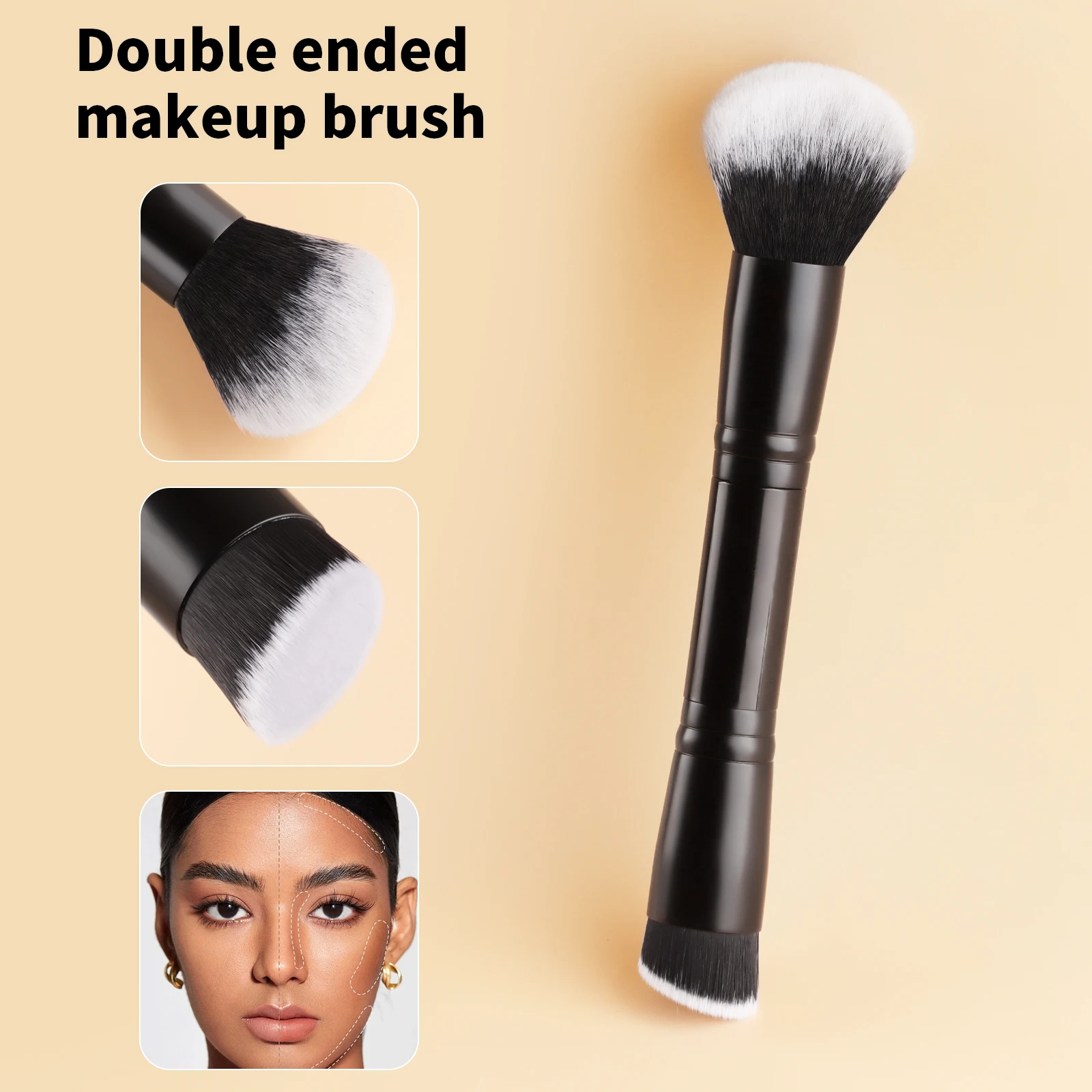 1Pc Double Ended Makeup Brush Soft Synthetic Hair Dual Head Cosmetic Brush For Foundation Blush Contour Face Shading Makeup Tool
