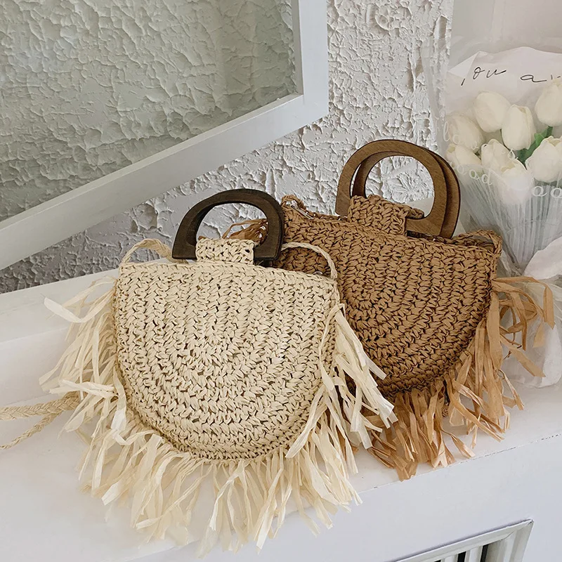

Summer Tassel Straw Handbag Wooden Travel Holiday Beach Bag Woven Handmade Handle Bag Rattan Shoulder Crossbody Bag Bolsa