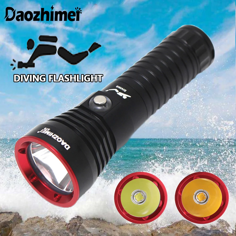 

6000 Lumens XHP70 LED Diving Flashlight Yellow/White Light 100M Underwater 26650 Torch IPX8 Waterproof Super Bright diving lamp