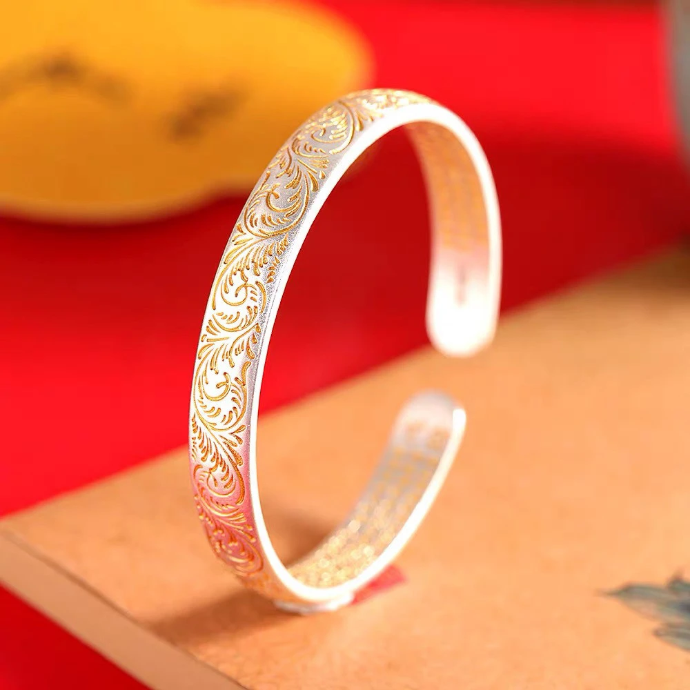 S999 Sterling Silver Open Cuff Bangle for Women Gold Inlaid Heart Sutra Engraved Bracelet Vintage Chinese Blessing Jewelry Gift