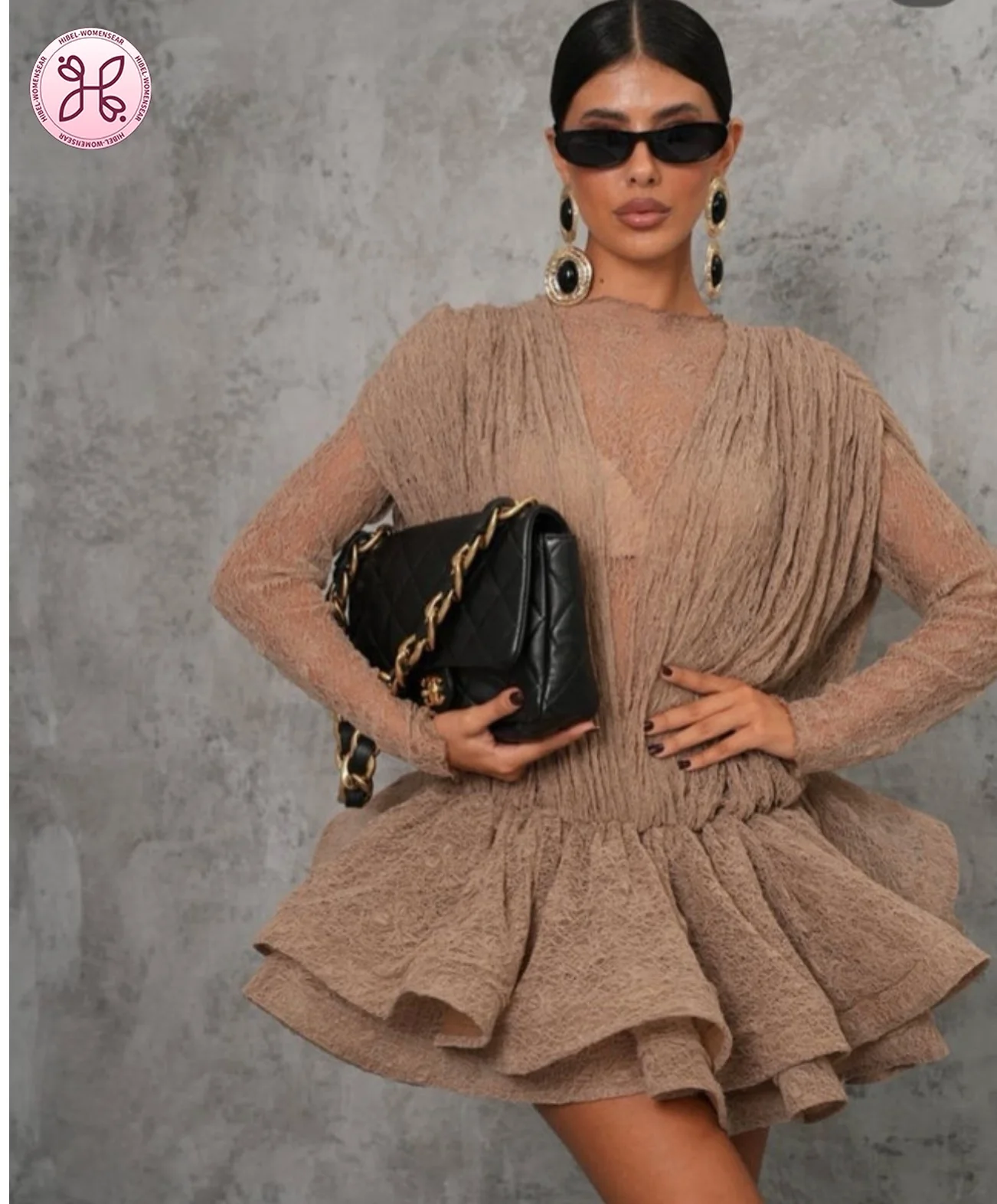 

Элегантное кружевное платье с длинным рукавом для женщин в ретро-стиле, летнее мини-платье с эффектом утяжки талии и пышными оборками