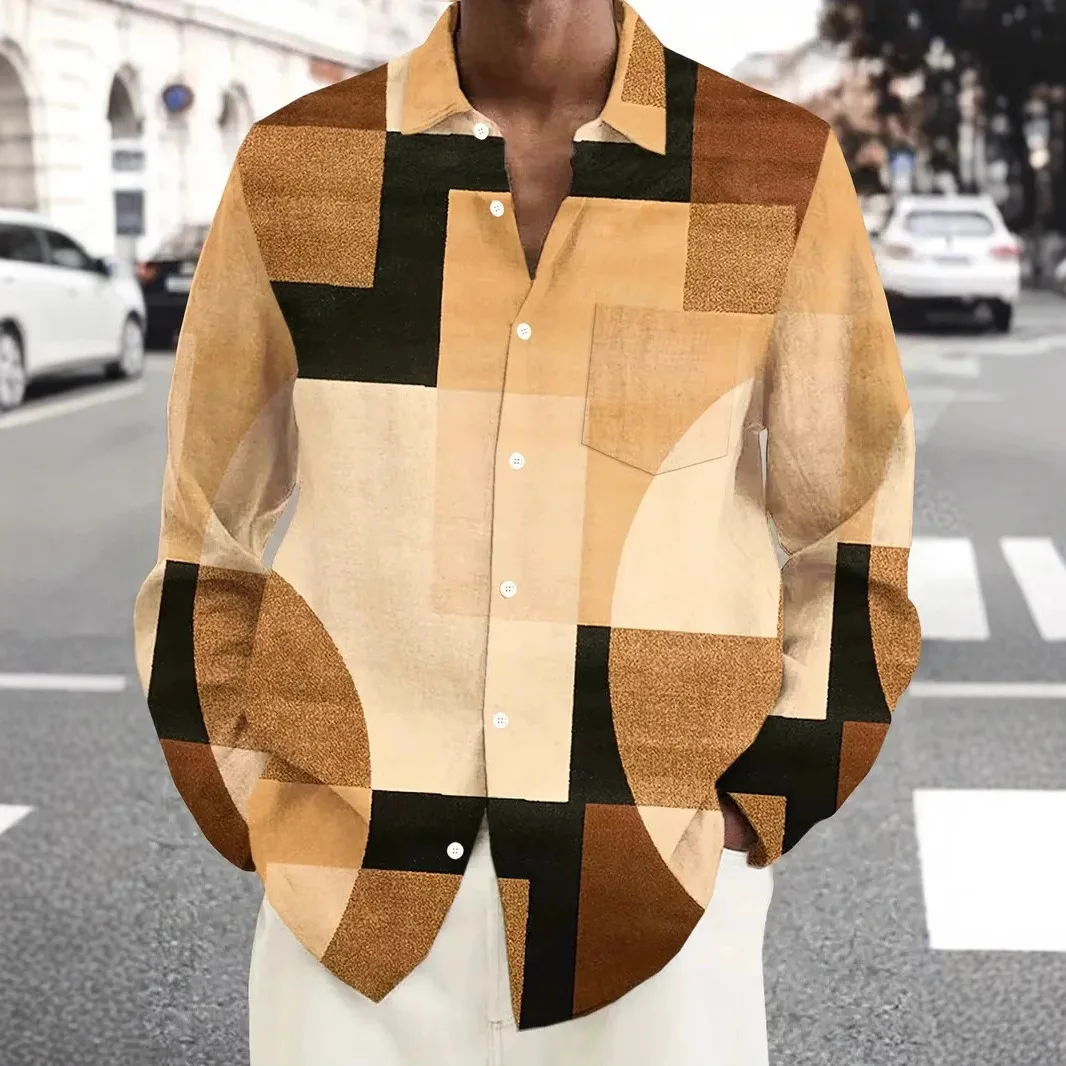 

Spring Fashion Classic Style Lapel Button Long Sleeved Pocket Shirt Retro Geometric 3D Digital Print