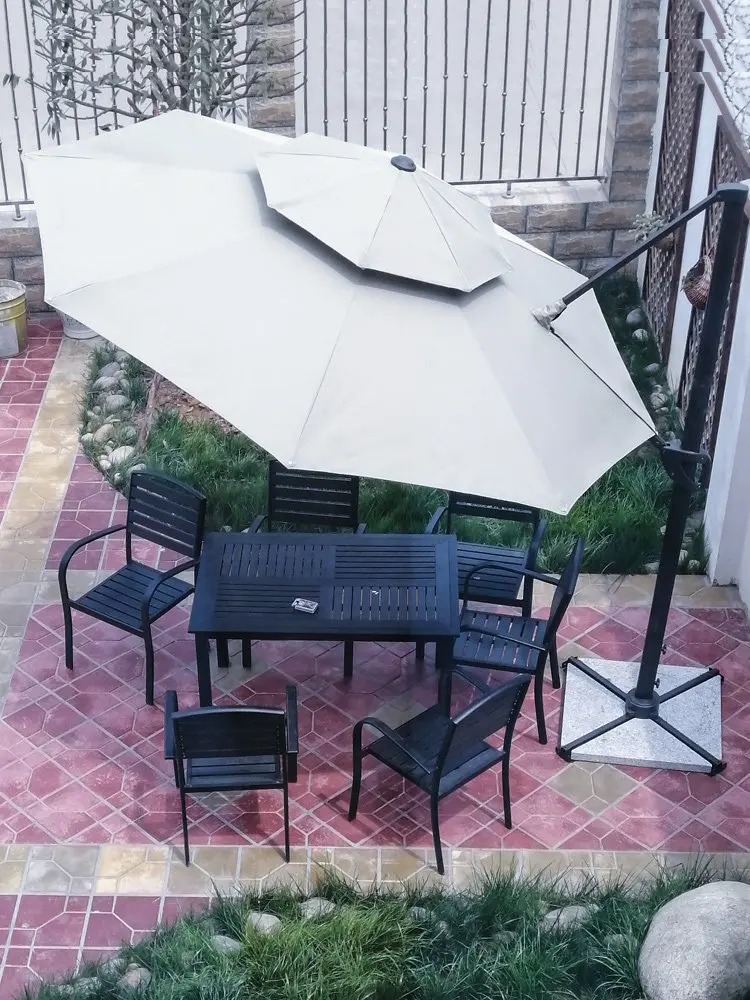 & Outdoor Patio Sun Umbrella LED Warm Light Rotatable Base Aluminum Alloy White Commercial Outdoor Furniture for Yard/Courtyard