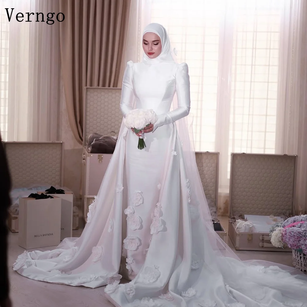 فستان زفاف Verngo أنيق من الساتان ثلاثي الأبعاد برقبة عالية وأكمام طويلة زي العرائس فساتين عروس متواضعة مخصصة