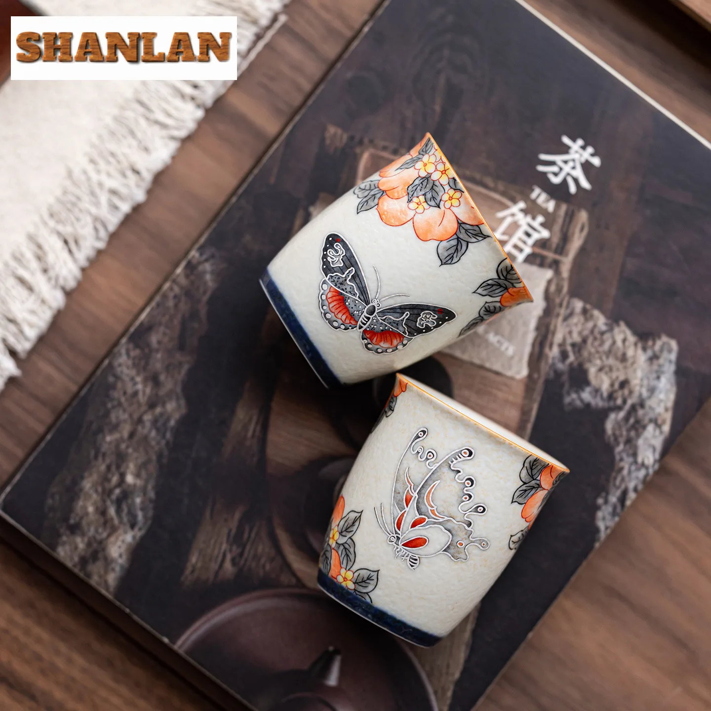 

2pc/lot Hand Painted Peach Butterfly Teacup Zen Tea Bowl Cute Cup Tea-tasting Meditation Cup Jianzhan Master Cups Tea Items 85ml