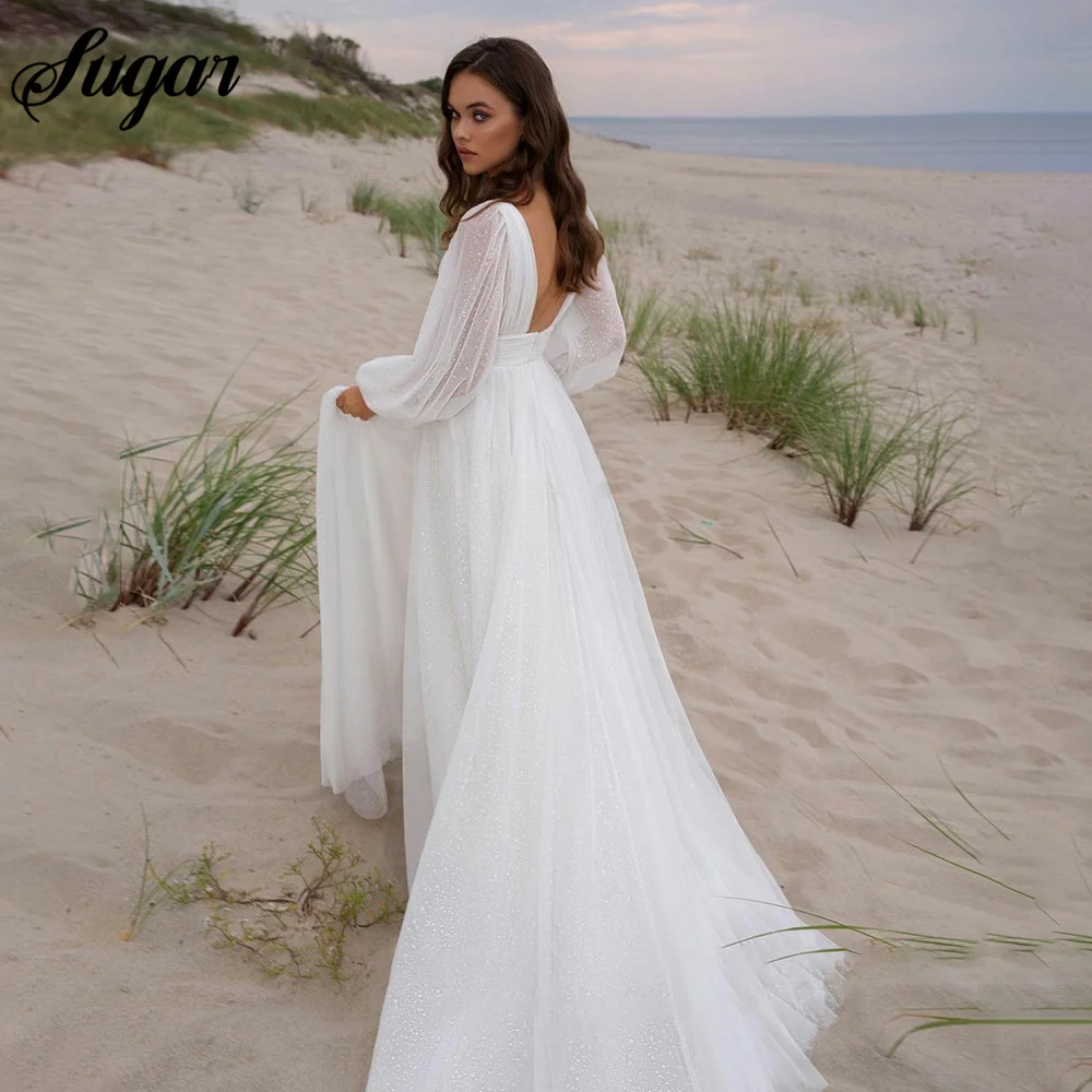 Fee Elfenbein EINE Linie Hochzeit Kleid Lange Puff Sleeve V-ausschnitt Braut Kleid Puff Tulle Side Split Boho Hochzeit Kleider für Braut