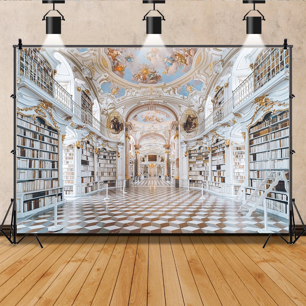 ゴージャスなライブラリインテリアの背景レトロな城の本棚ゴッド天使のjesus子供大人の肖像画写真の背景スタジオ