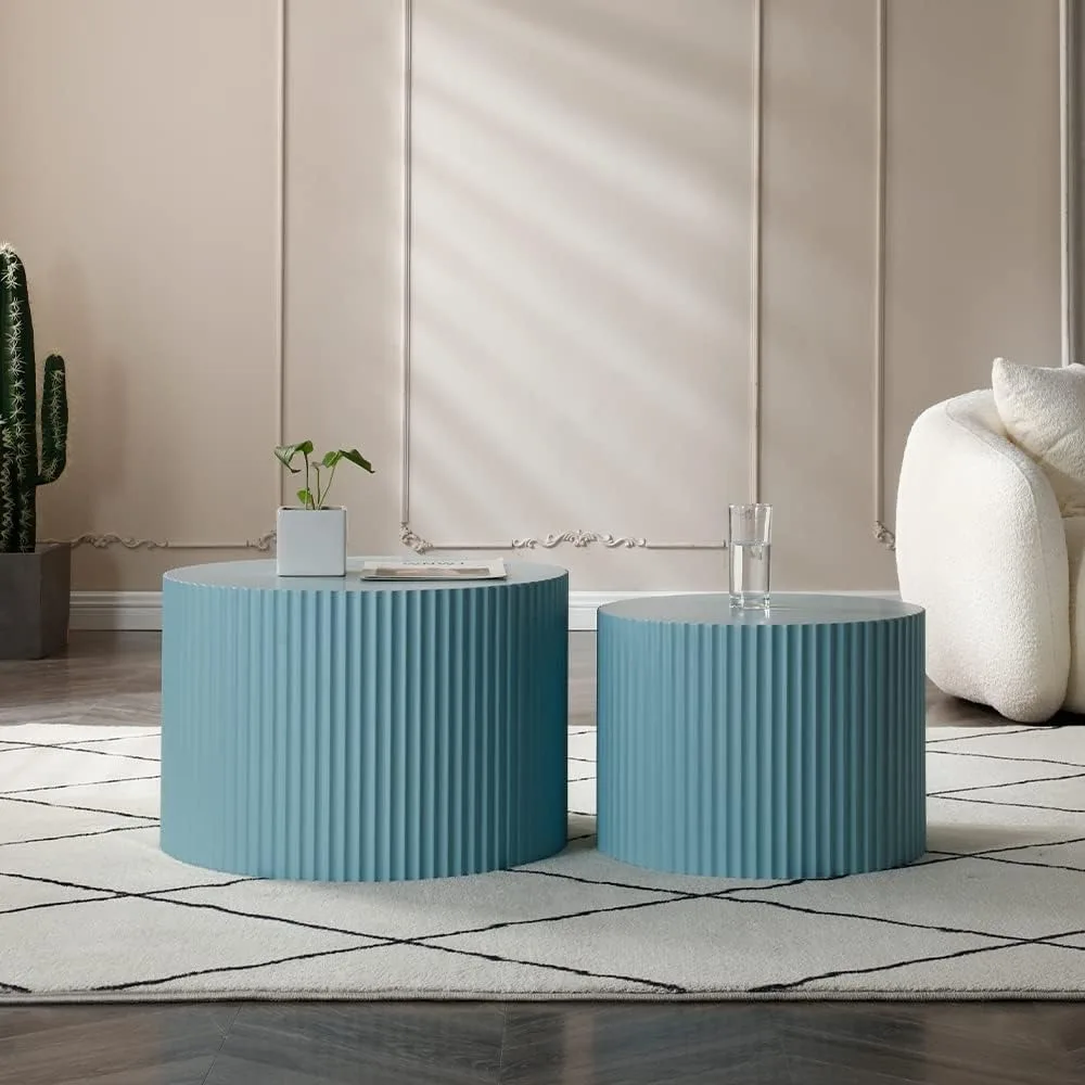 Modern Blue Nesting Coffee Table Set, 2-Piece Round Wooden Side Tables, Contemporary Accent End Tables