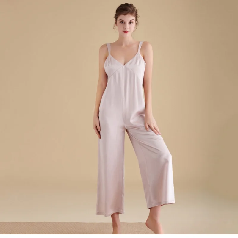 

Manufacturer 22mm heavyweight 100% mulberry silk pajamas spring and summer one-piece silk jumpsuit home clothes