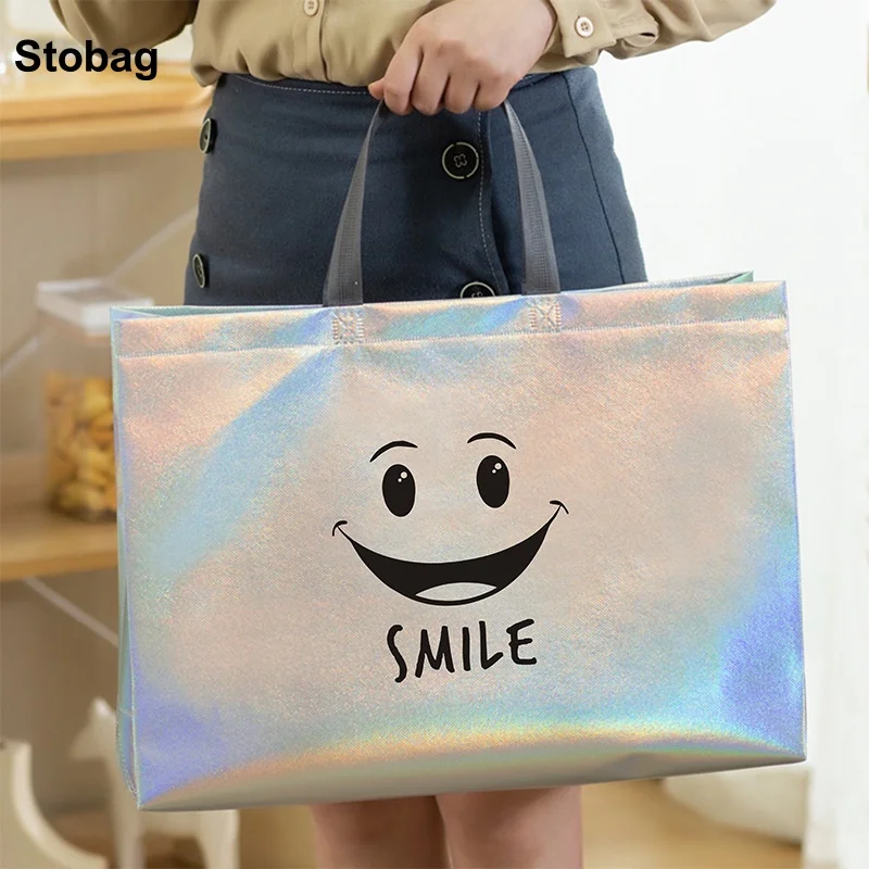 

StoBag 10pcs Laser Non-woven Tote Bag Shopping Women's Fabric Large Waterproof Storage Reusable Pouches Custom Logo(Extra Fee)