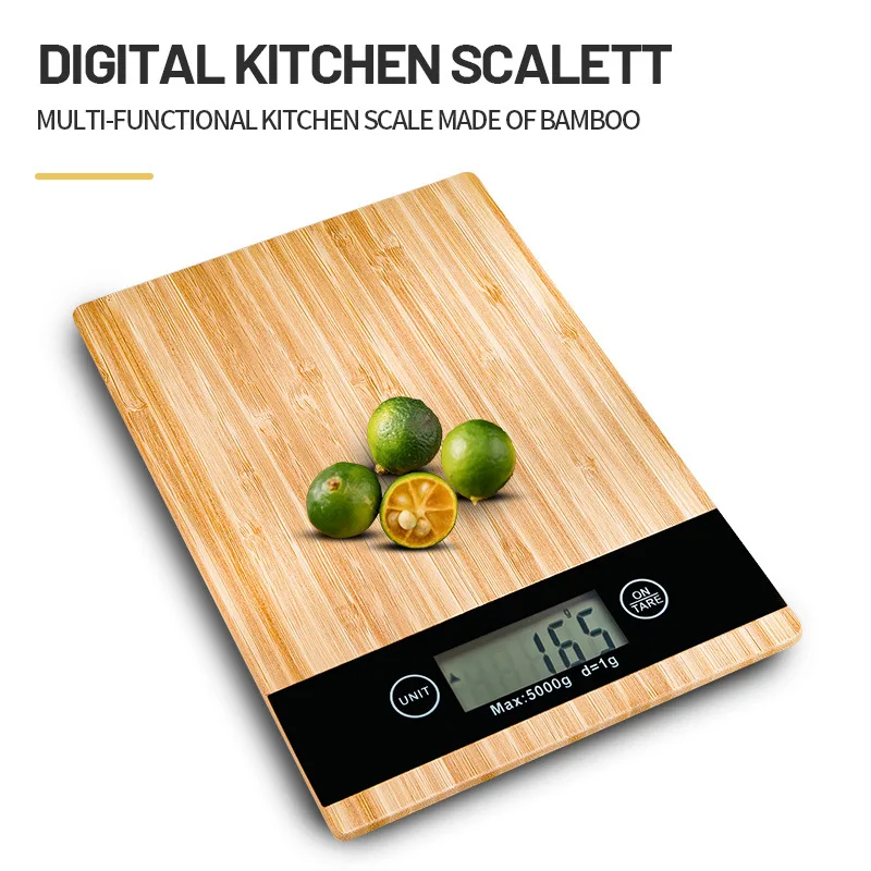 Multifunctional electronic kitchen scale with a bamboo panel, equipped with high-precision sensors and LCD