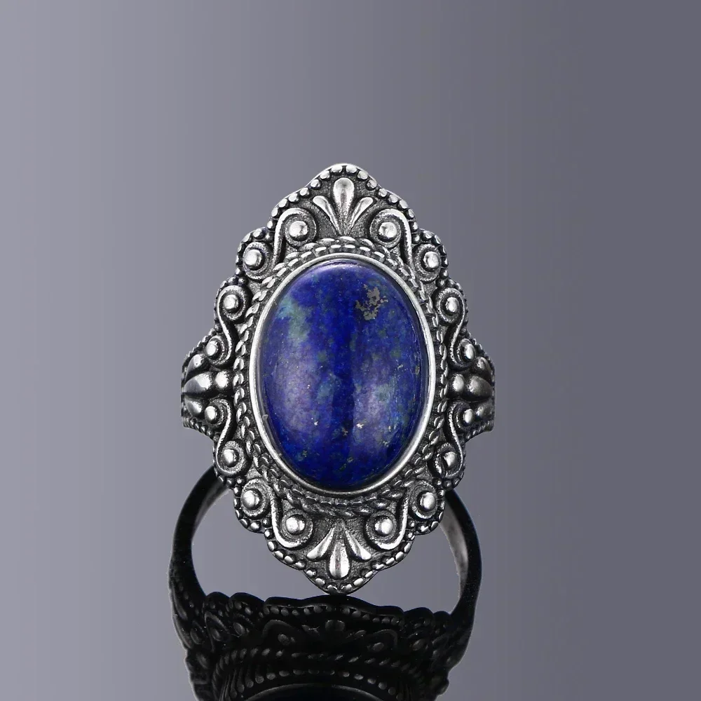 925 Sterling Silver Natural Big Oval Natural Lapis Lazuli Ring for Women Men Gift Vintage Large Ring Fashion Fine Jewelry
