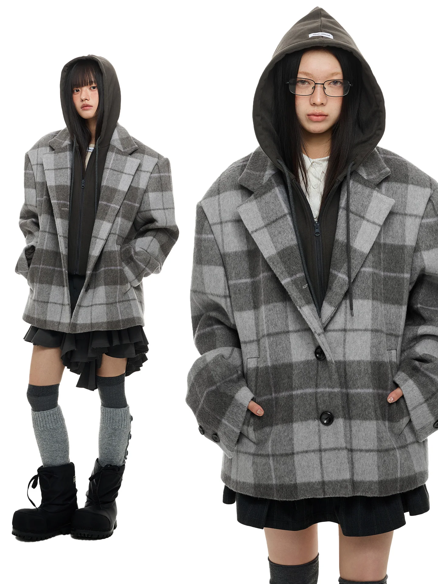 JIKOO 양면 울 코트 탈부착 가능한 후드 자켓 스트리트 스타일 루즈핏 여성용 가을 아우터웨어