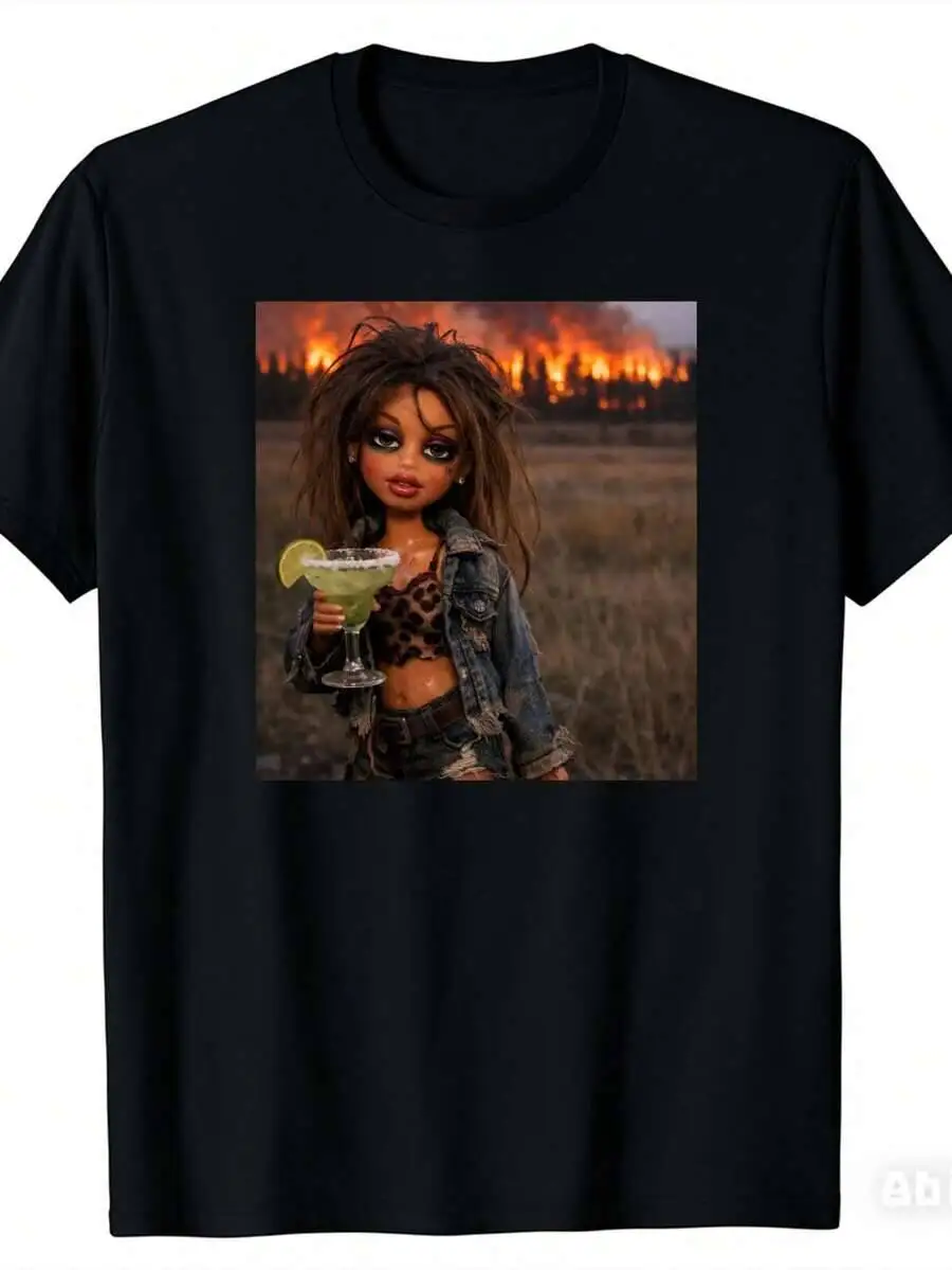 Wildfire Background Cocktail Fun Doll Pattern Unisex Black Printed T-Shirt Wear Choice Pure Fashion Versatile 100% Cotton Trendy