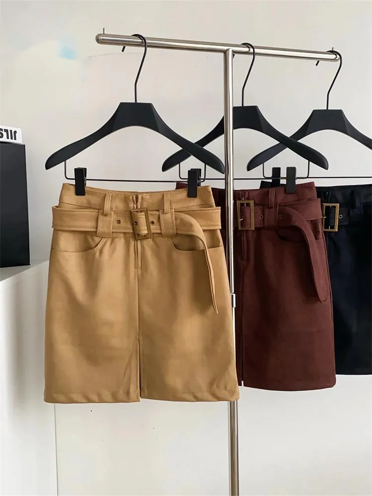 

Осенняя популярная винтажная юбка для девочек, модная женская уличная одежда с поясом, зимняя однотонная облегающая короткая юбка из искусственной кожи с разрезом