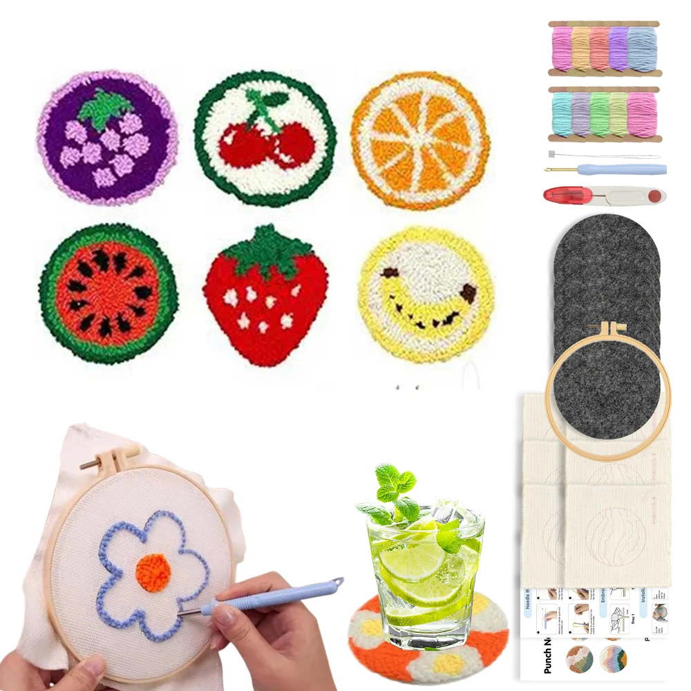 

DIY 6pcs Punch Needle Coaster Embroidery Kit with Yarn Fruit Pattern Starter Kit Magic Tufting Set Poking Cross Stitch Tools
