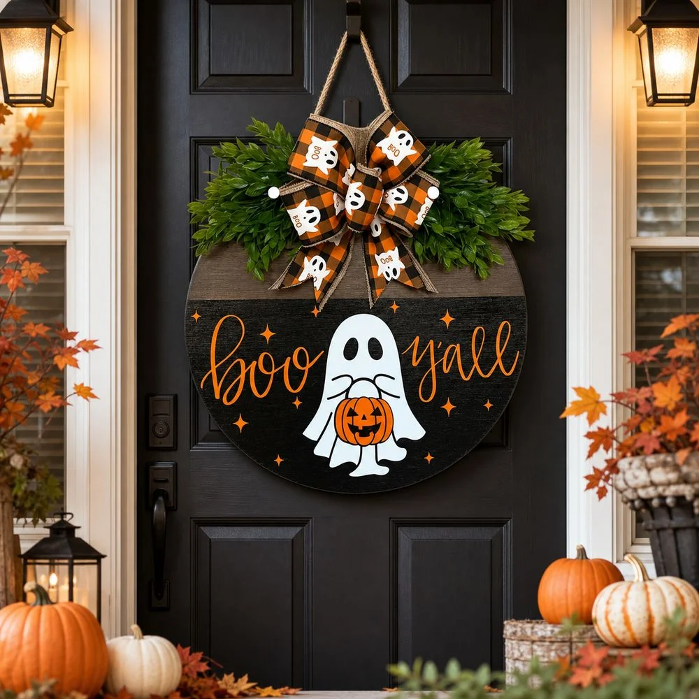 Ghost Wooden Hanging Door Sign Round 2D Flat Welcome Door Hanger Hanging Welcome Theme Door Sign Wreath