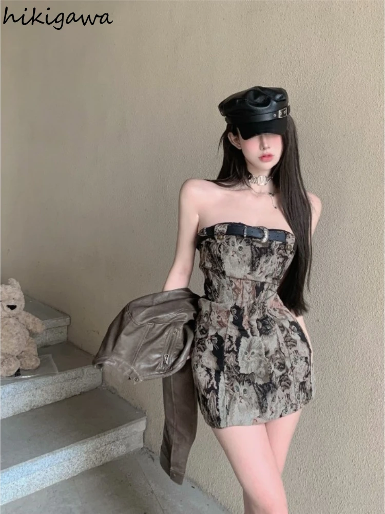 Sexy Y2k Dresses Women Clothing Cat Print Tunic Slim Waist Robe Femme Streetwear Fashion Sexy Mini Dress 2023 Vestidos De Mujer