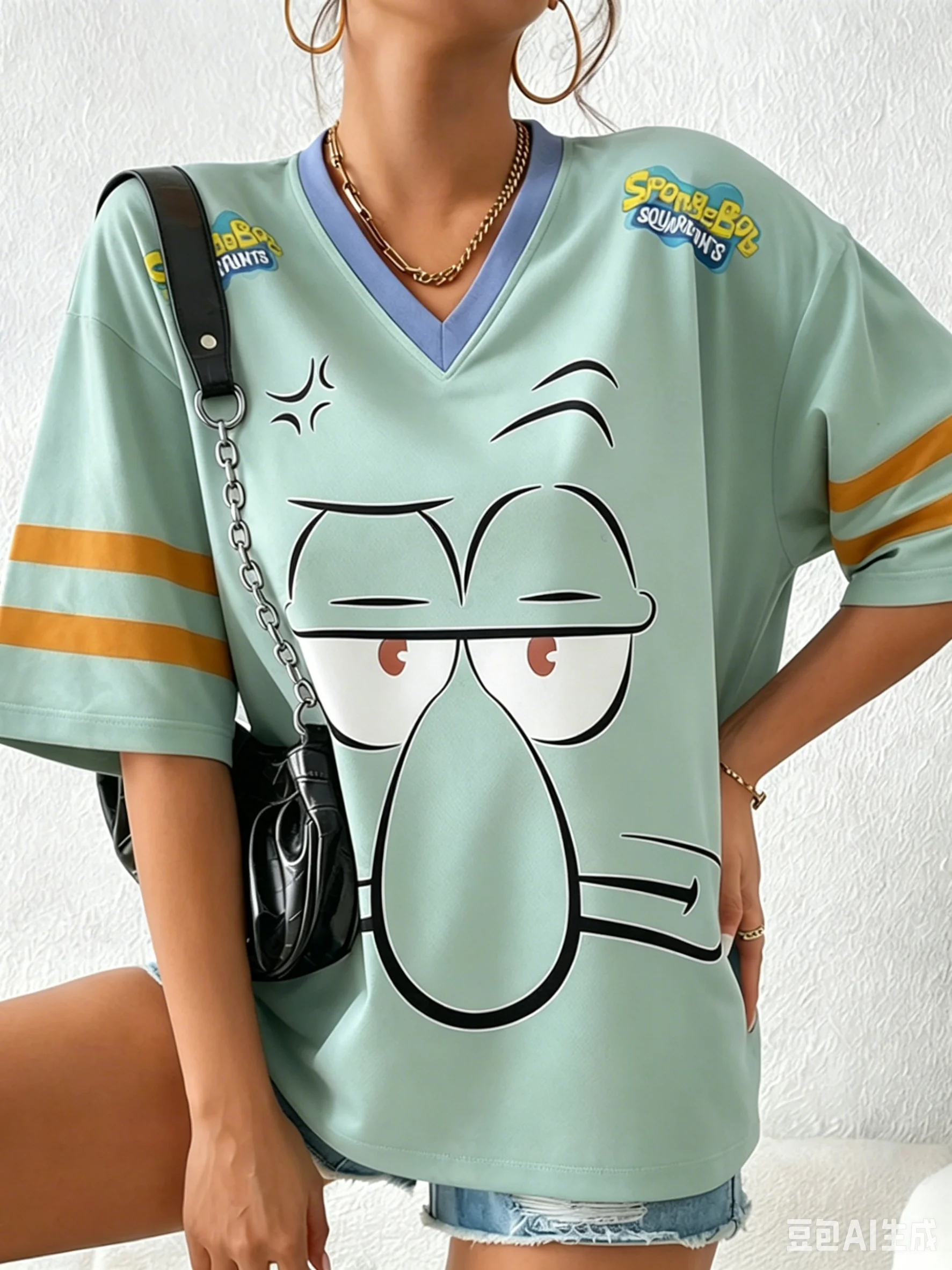 Trendiges SpongeBob Schwammkopf bedrucktes T-Shirt für Herren, Damen und Kinder, Eltern-Kind-Sommer-V-Ausschnitt Sport-Streetwear Y2K Top – Detail 5