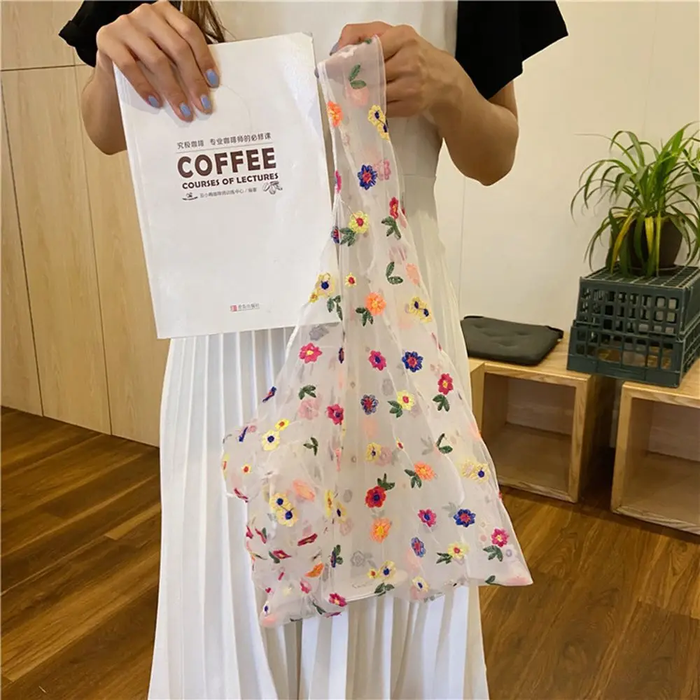 Casual Purses Flower Embroidery HandBag Transparent Shopping Tote Mesh Handbags