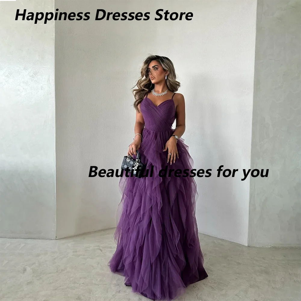 

Purple Evening Dreess Customized Spaghetti Strap V-Neck Pleats Tulle Long Prom Gowns Backless Floor Length Party Dresses 2025