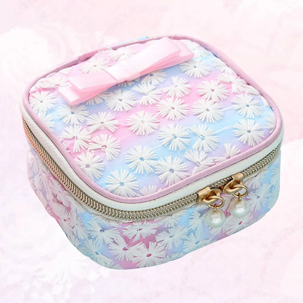 Gradient Pink Mesh Embroidered Sanitary Napkin Storage Bag Zipper Organizer Pouch Large Capacity for Outdoor Travel