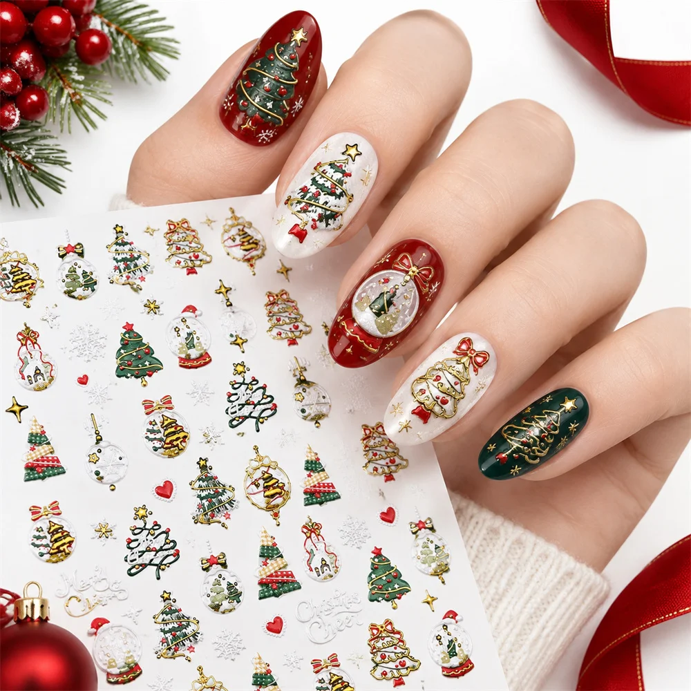 1Pc New Arrival 5D Gold Christmas Nail Art Stickers Embossed Self Adhesive Xmas Decals Sliders for Acrylic Nails Manicure Trendy