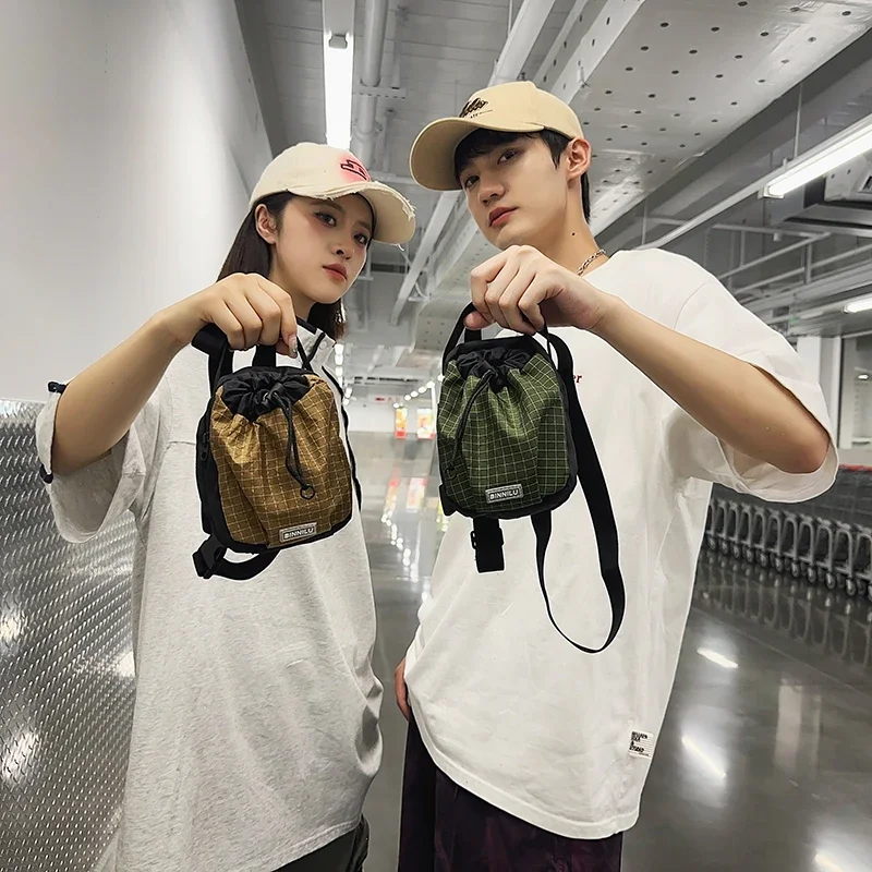 Couple Style Mini Mobile Phone Bag Waterproof Personality Small Shoulder Bag Draw Rope Neutral Grid Pattern Hanging Neck Bag