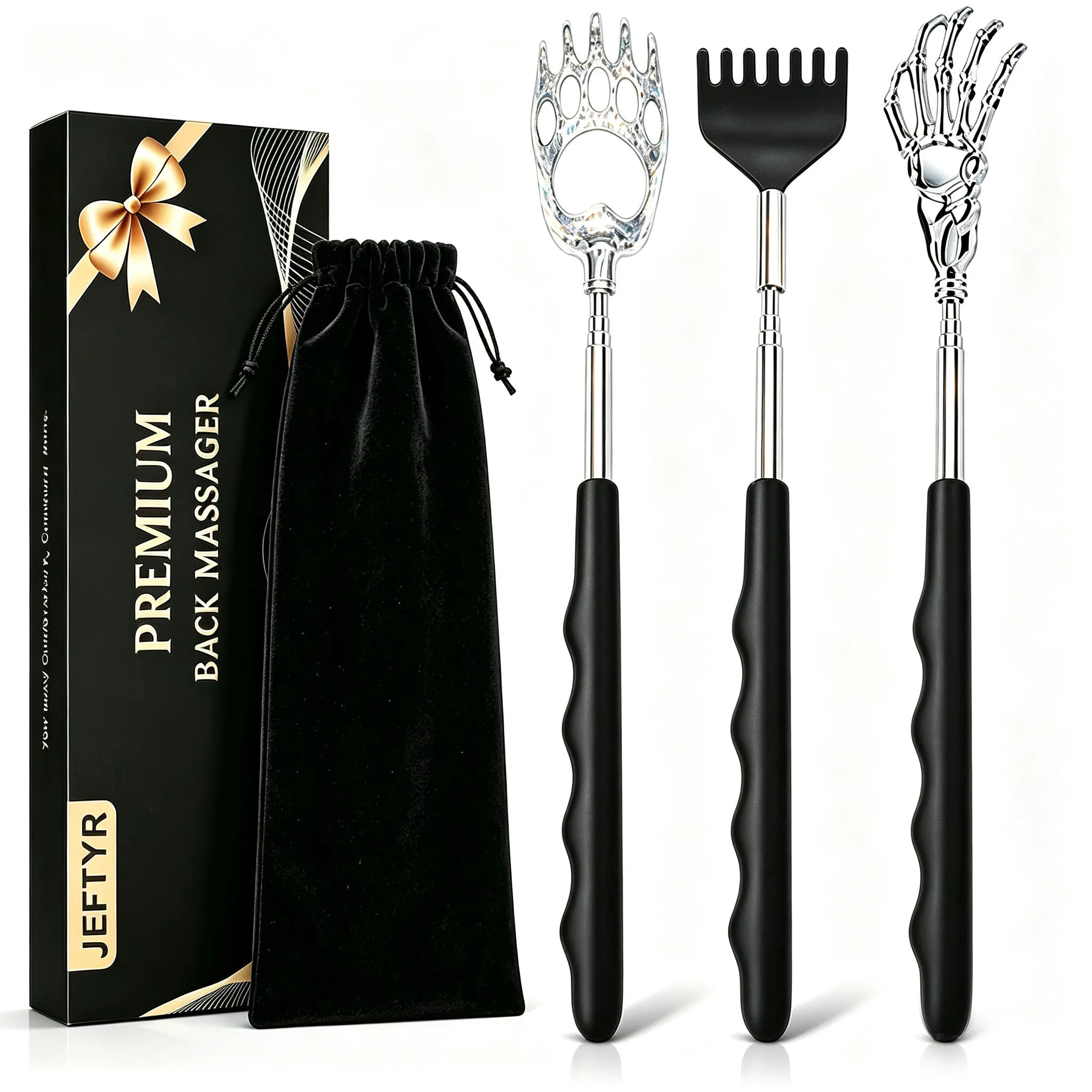 JEFTYR 3-Pack 5-Section Telescoping Back Scratcher – Stainless Steel, Soft Rubber Handles, Portable Massager, Christmas Gift