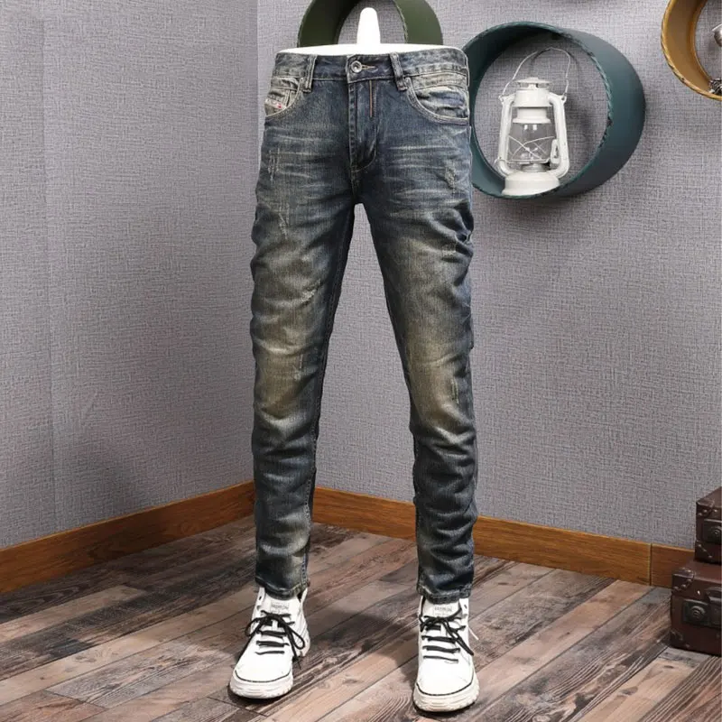 

Newly Designer Fashion Men Jeans High Quality Retro Washed Blue Stretch Slim Fit Ripped Jeans Men Vintage Casual Denim Pants