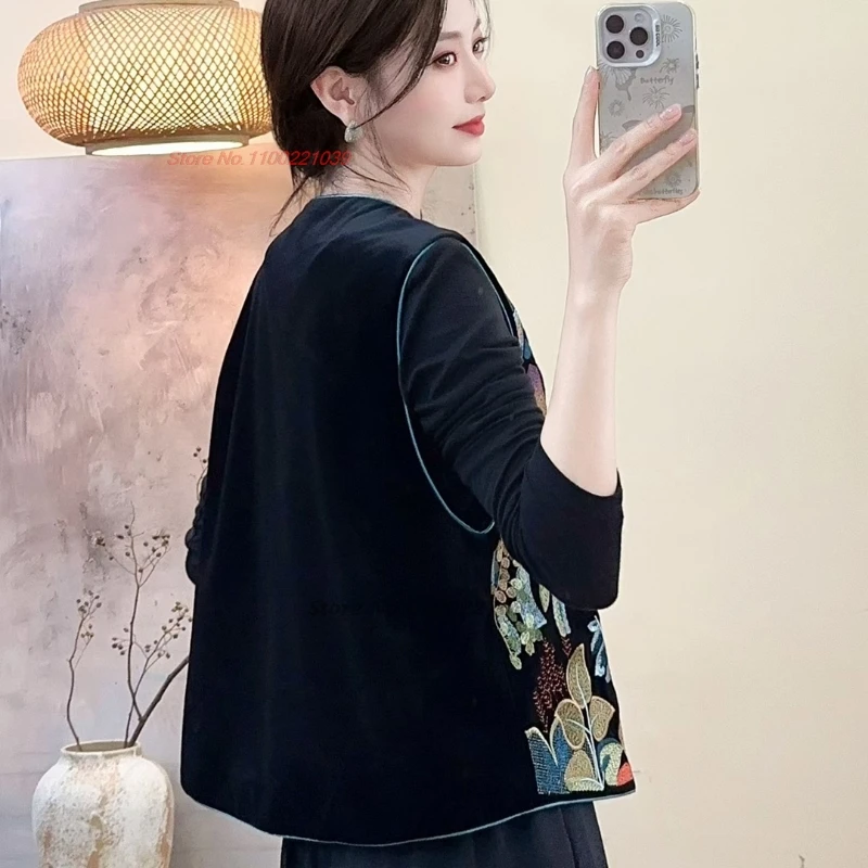 2025 الصينية التقليدية hanfu القمم خمر المخملية الشعبية سترة الوطنية زهرة التطريز جاكيت بلا إكمام العرقية س الرقبة سترة