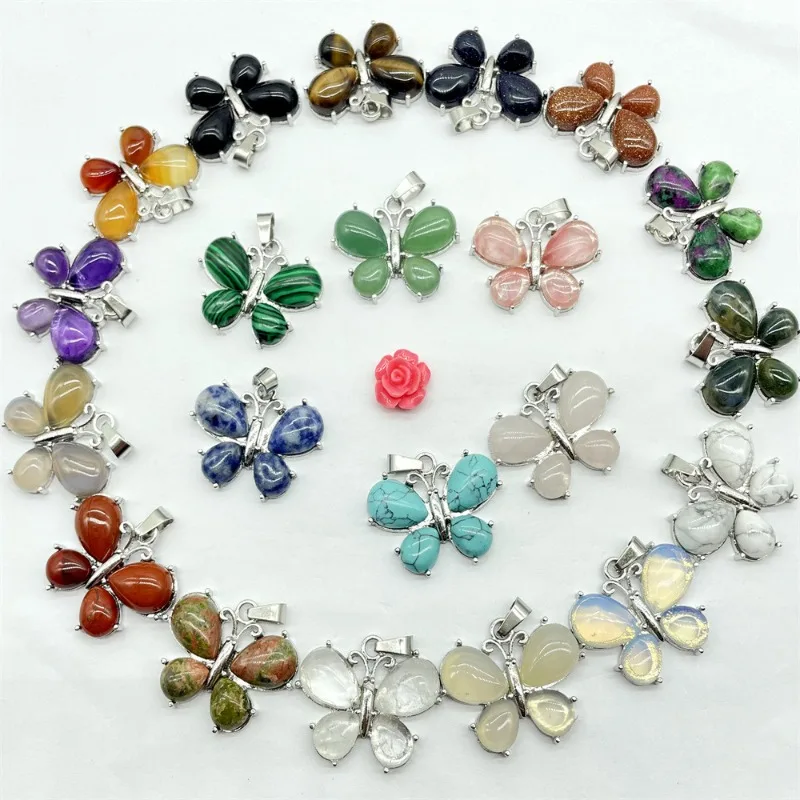 

12pcs Natural Crystal Stone Butterfly Pendant Lapis Amethyst Aventurine Rose Quartz Agate Charms for Necklaces Jewelry Making