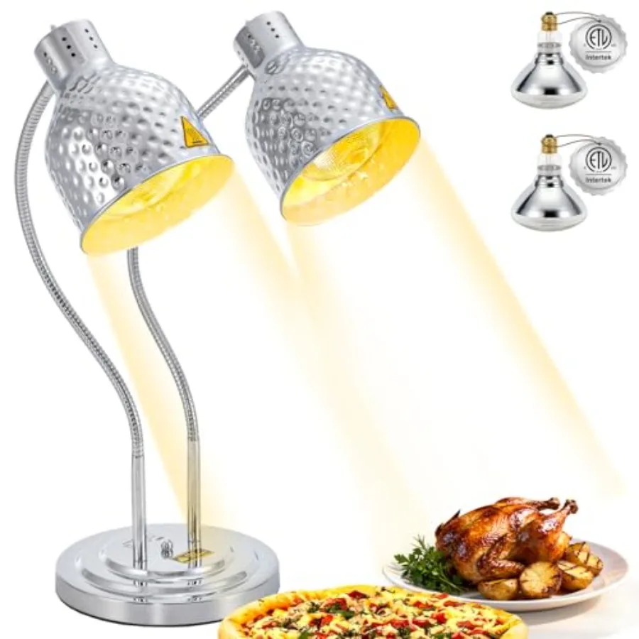 Commercial food warming lamp for buffet parties and restaurant kitchens: 500W silver aluminum 2-head portable electric heat lam