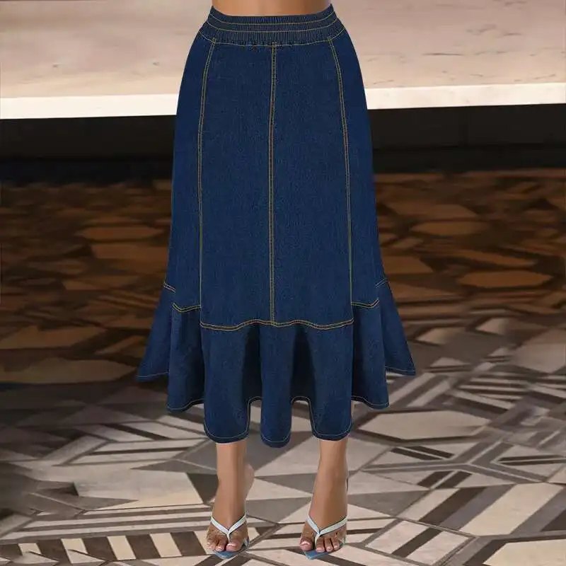 

Women's New Denim Elastic Waistband Long Skirt