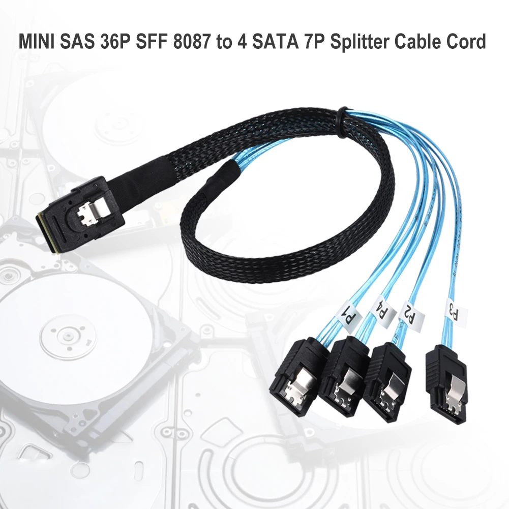 كابل SAS SATA Mini-SAS SFF-8087 إلى 4 كابل SATA Mini SAS 4i SFF8087 36P إلى 4 كابل SATA 7P 12 جيجابت في الثانية 50 سم بيانات القرص الصلب