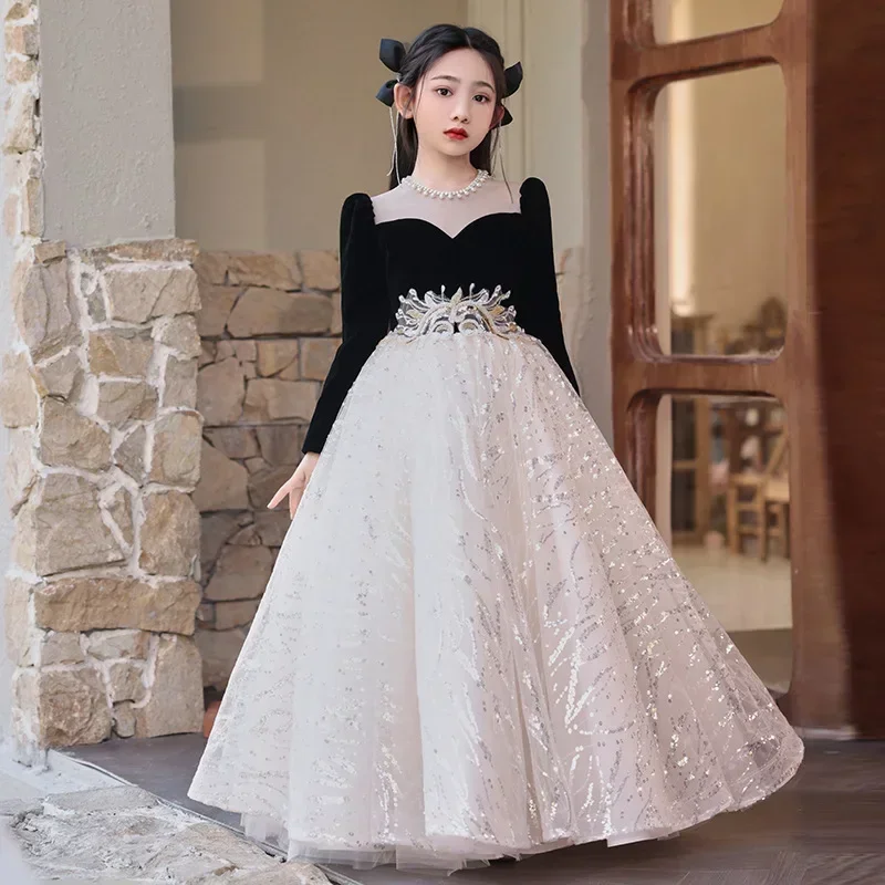 Crianças vestido elegante adolescentes meninas roupas carnaval traje quinceanera lantejoulas vestidos de baile combinando princesa crianças outfit