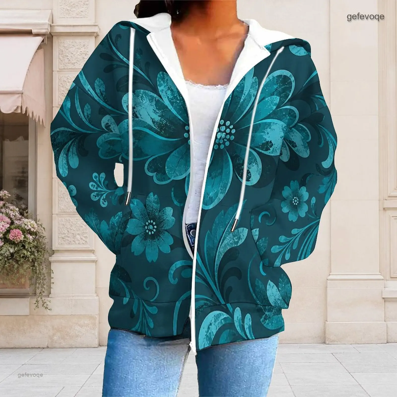 Women Teal Floral Swirl Printed Full Zip Long Sleeve Drawstring Hoodie