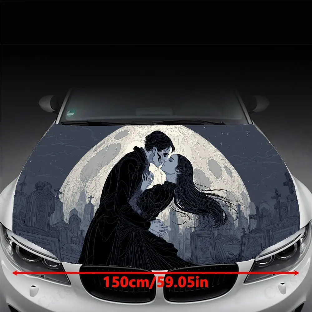 Kiss Under the Moonlight Car Vinyl Wrap, PVC Waterproof Car Hood Sticker, Self-Adhesive Scratch-Resistant Stickers for Engine Co