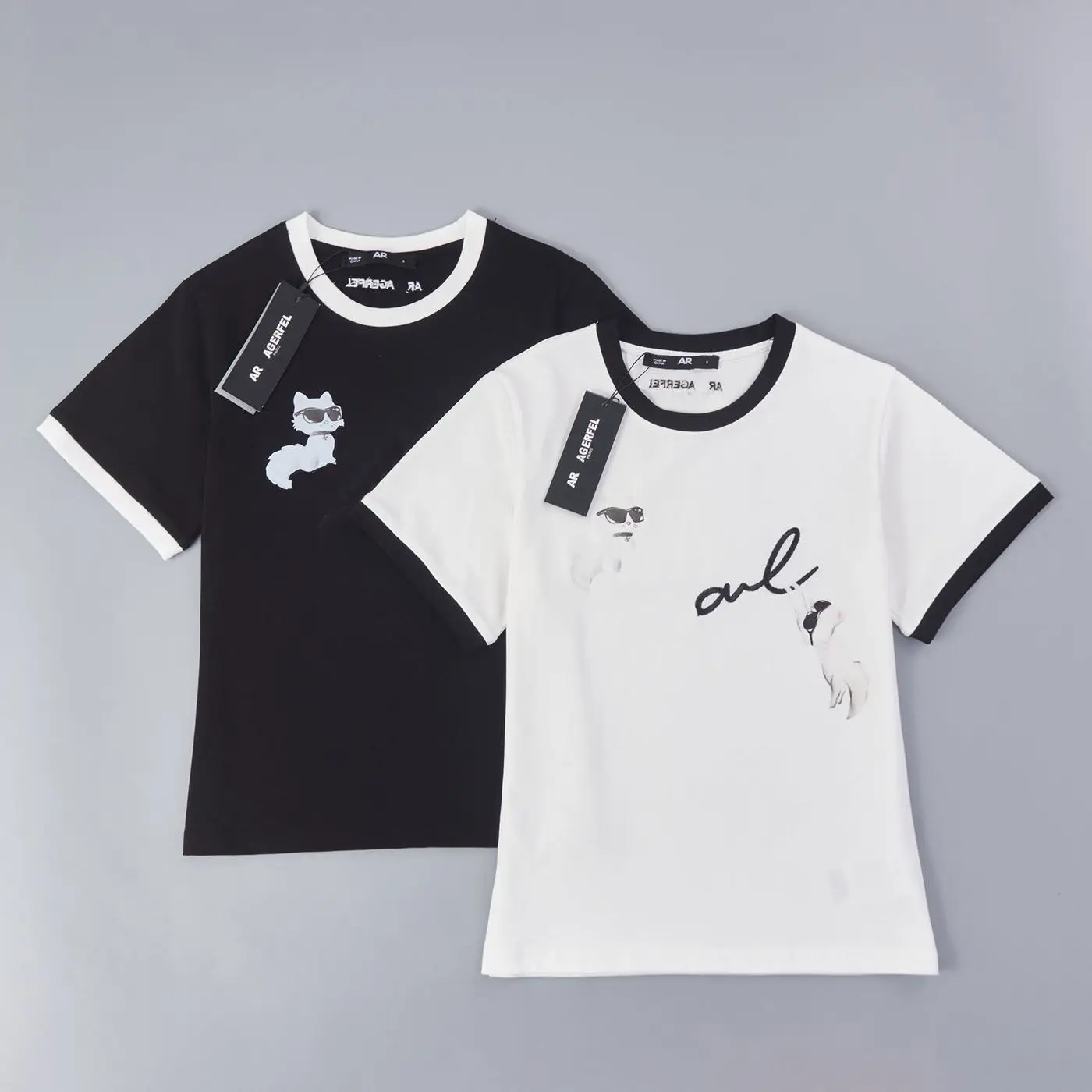 Casual Cotton Embroidered Letter Short Sleeve T-Shirt round Neck Two Cats Color Block  Women's Skin-friendly Breathable Top