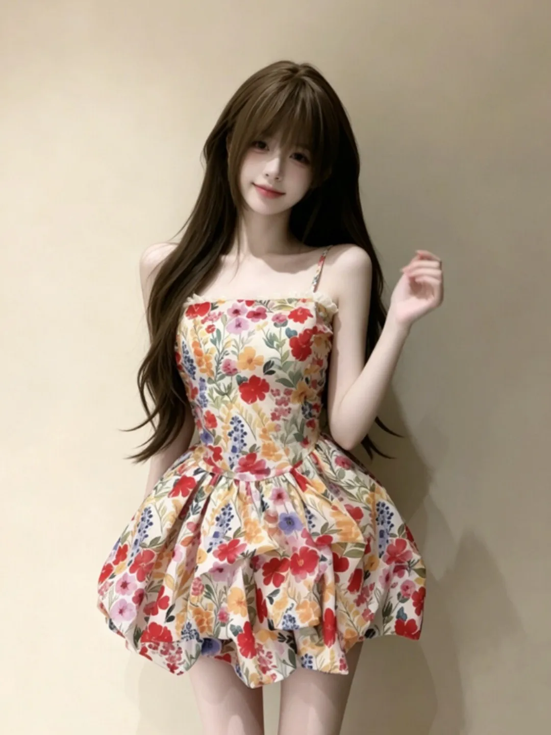 

Retro Unique Floral Print Pleated Short Skirt Dress Small Size Summer Fashionable Cotton Blend Casual City Walk Business Wear