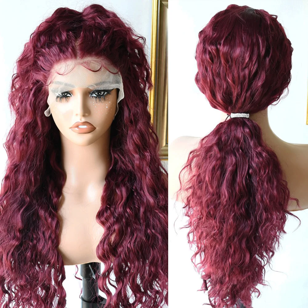 30 Inch 99J Burgundy Hd Lace Frontal Wig Red Colored 13x4 Transparent Curly Deep Wave Synthetic Lace Front Wig
