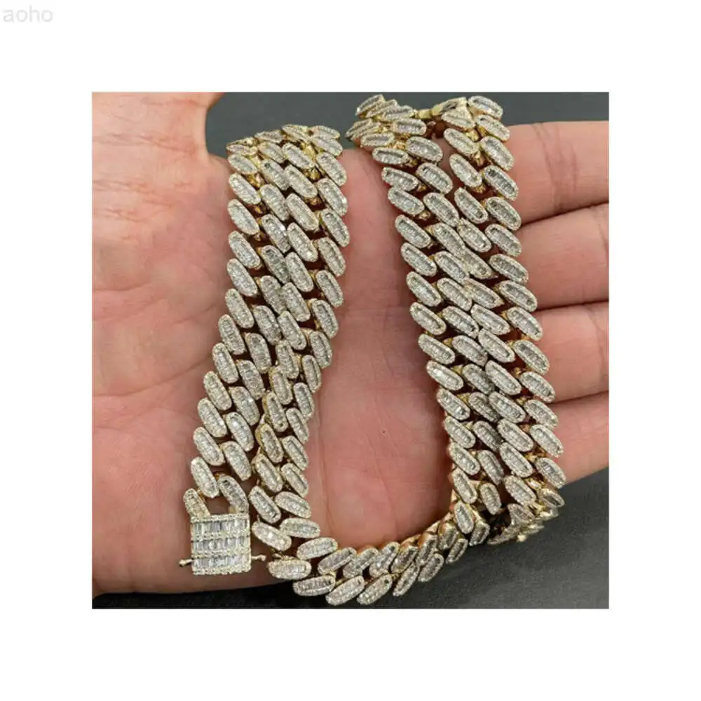 

14mm Baguette Miami Cuban Link Chain Vvs Moissanite Diamond Stubbed 925 Sterling Silver Gold Plated 18-24 with Baguette Lock.