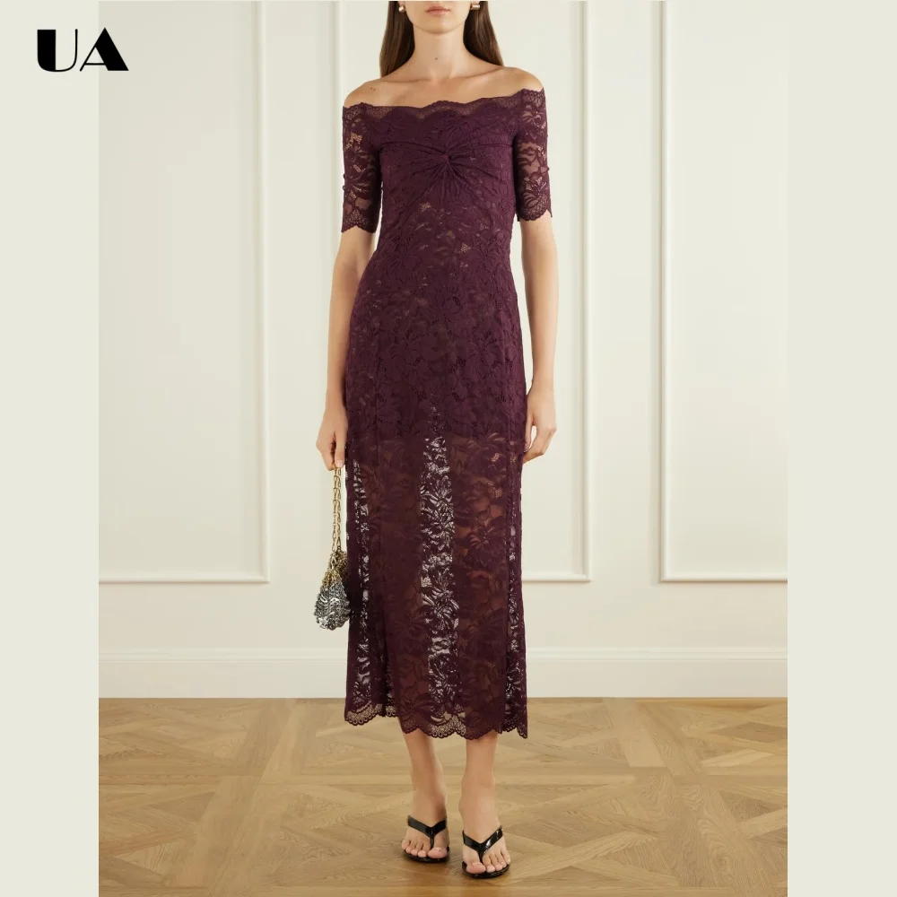 ULBYANRY Customized Off-the-shoulder Lace Long Dresses for Women, Elegant Slim Fit Evening Dress, Classy Gathered Party Dress