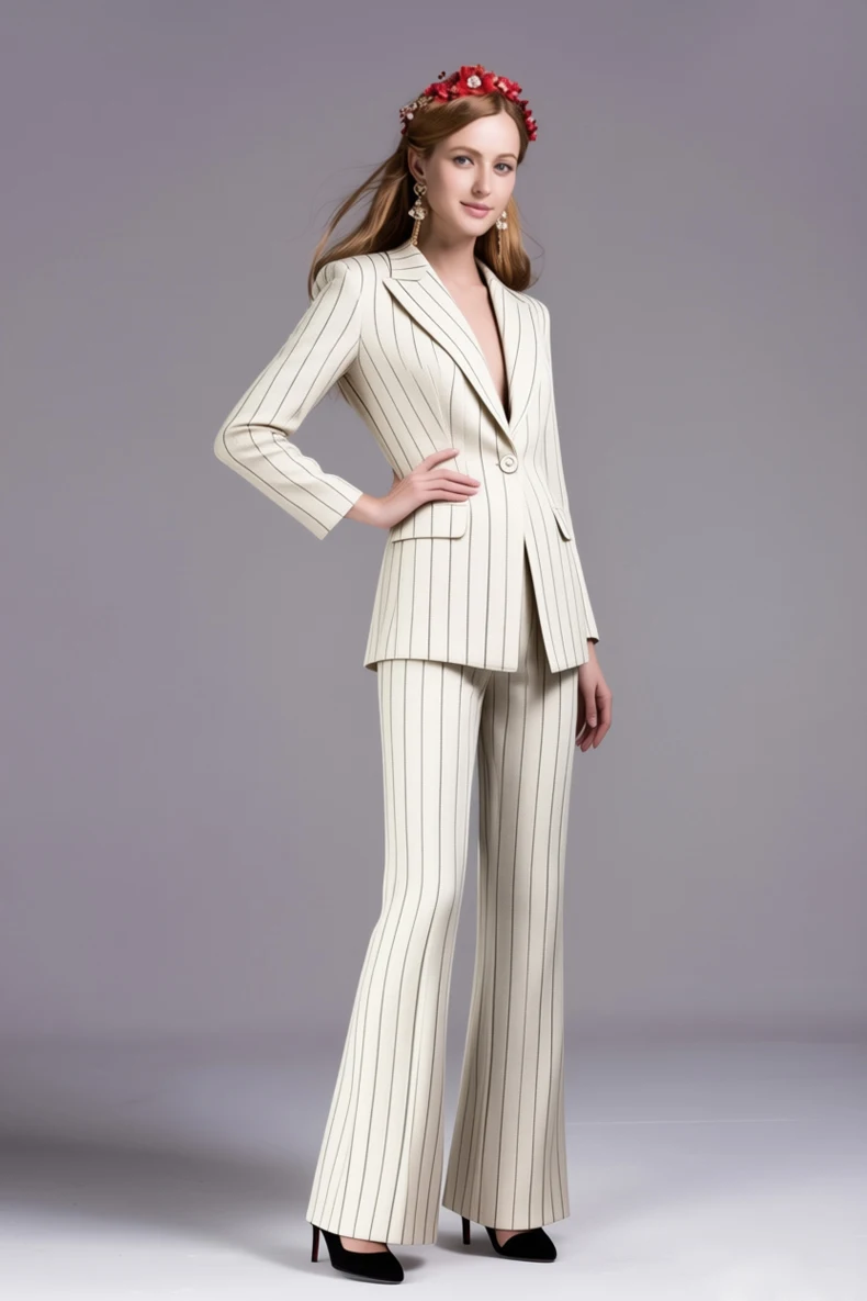Women's White Pinstripe Blazer Set, Single-button Jacket & Flared Pants Two-piece Suit, Elegant Office Lady Style